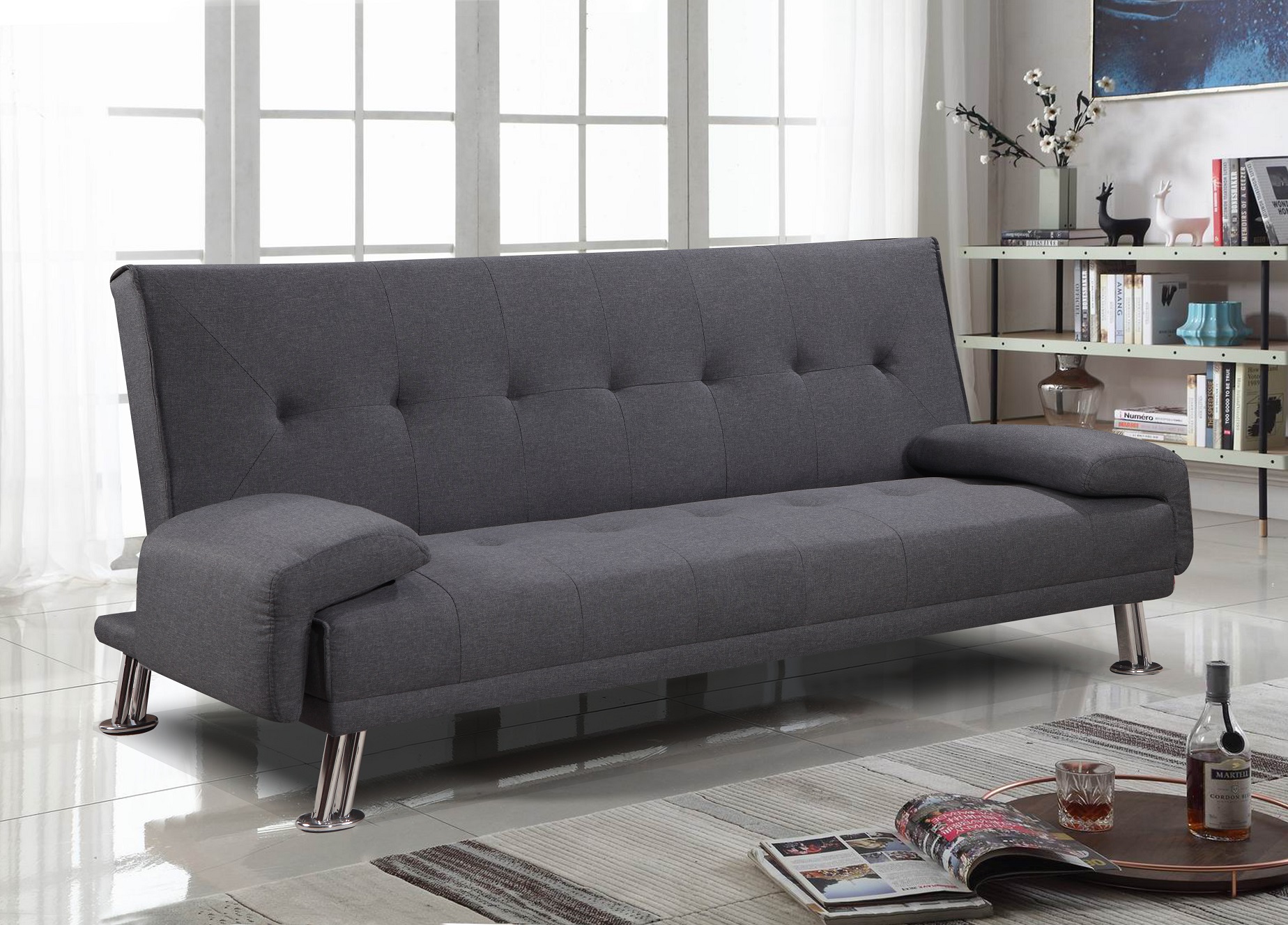 DIVANO LETTO SOFA' 3 POSTI RECLINABILE TESSUTO GRIGIO DOPPIO CUSCINI  -CONTRASSEG