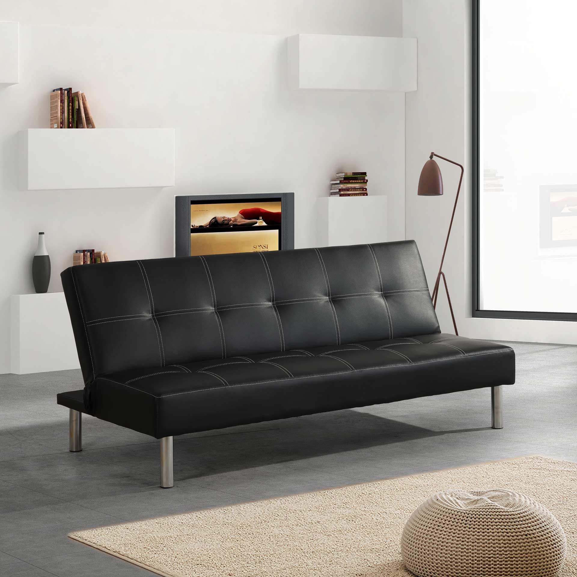 Divano letto Queen per 3 persone 180x97 cm in ecopelle nero o