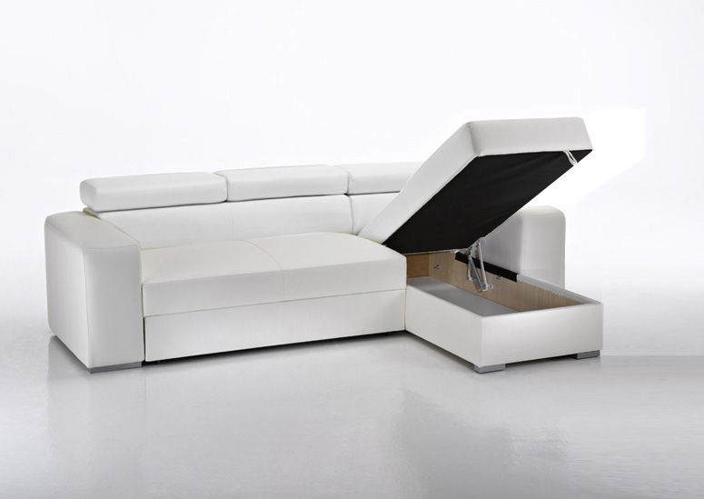 DIVANO LETTO ANGOLARE CONTENITORE IN ECOPELLE BIANCO SOFA