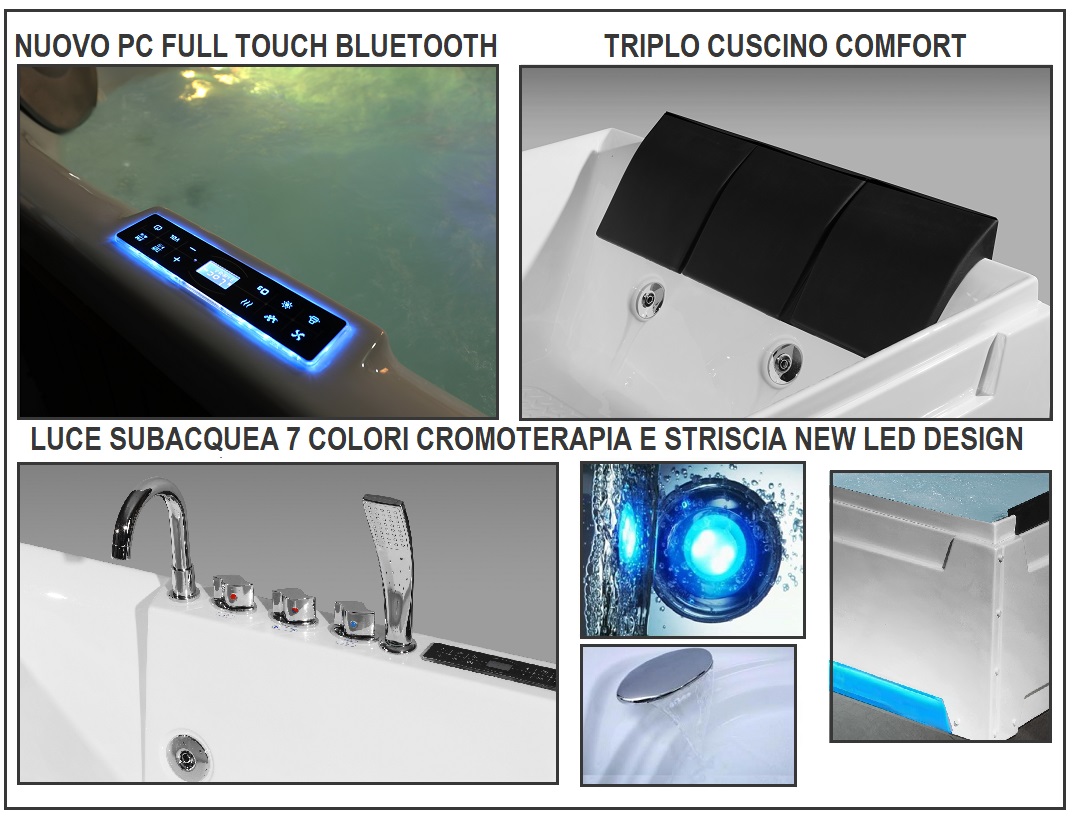 VASCA IDROMASSAGGIO DOPPIA BAGNO 185X125 24IDROGETTI RISCALDATA + LED  BLUETOOTH